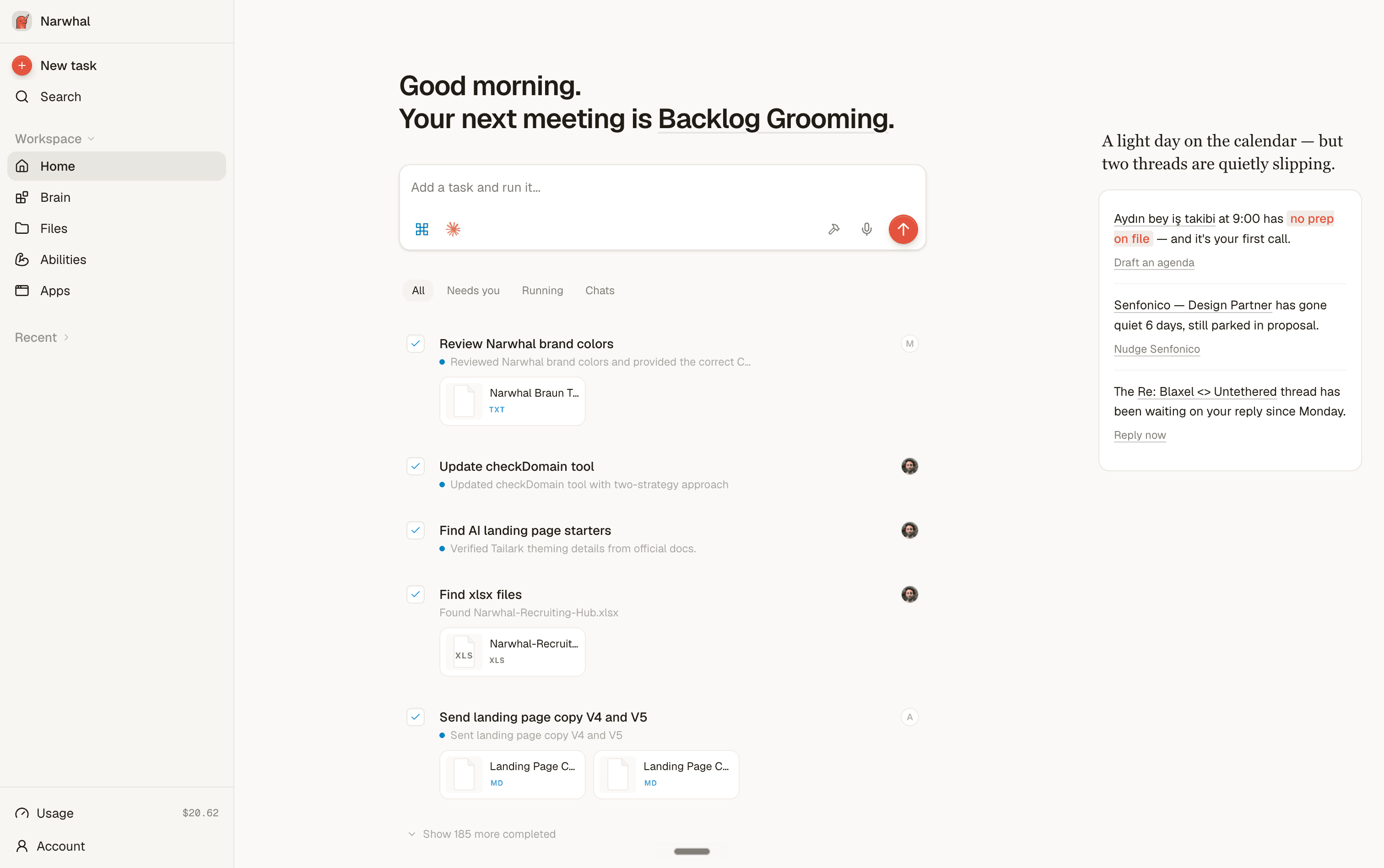 Narwhal workspace showing tasks, customer context, and follow-up prompts